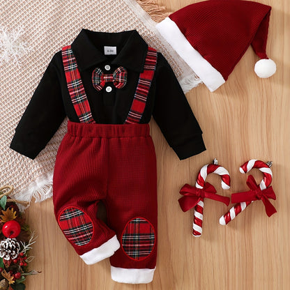 Boys' Turtleneck Long Sleeve Hoodie + Waffle Knit Spliced Suspender Pants + Hat 3pcs Set, Perfect for Outdoor