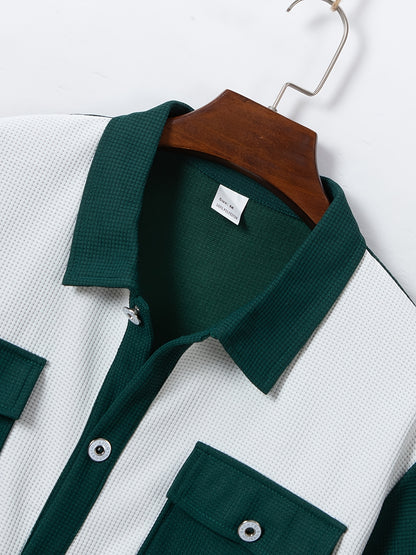 Men's Summer Two-Piece Set, Waffle Fabric Contrast Color with Pockets Short-Sleeved Shirt + Casual Trousers Suit, Leisure Light Business Vacation Daily Multiple Scenes