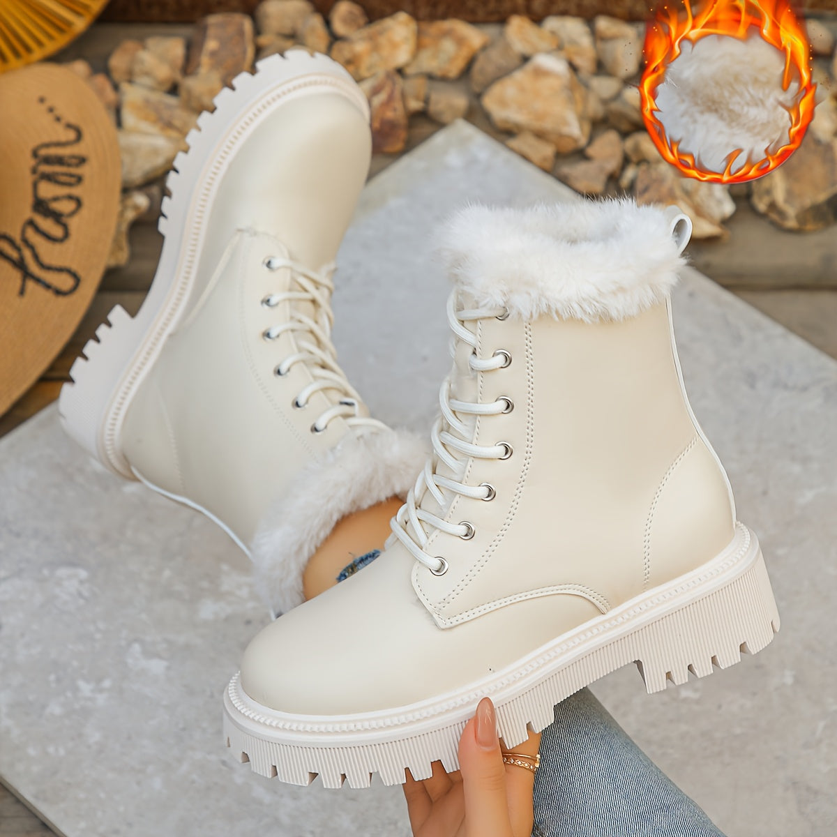 Women'S Elegant White Fleece-Lined Ankle Boots with Side Zipper - Cozy Round Toe Platform Heel, Comfortable Fabric Lining & Durable PVC Sole for Casual Winter Wear, Travel & Everyday Outfits, Winter Boots, Travel Footwear, Pl