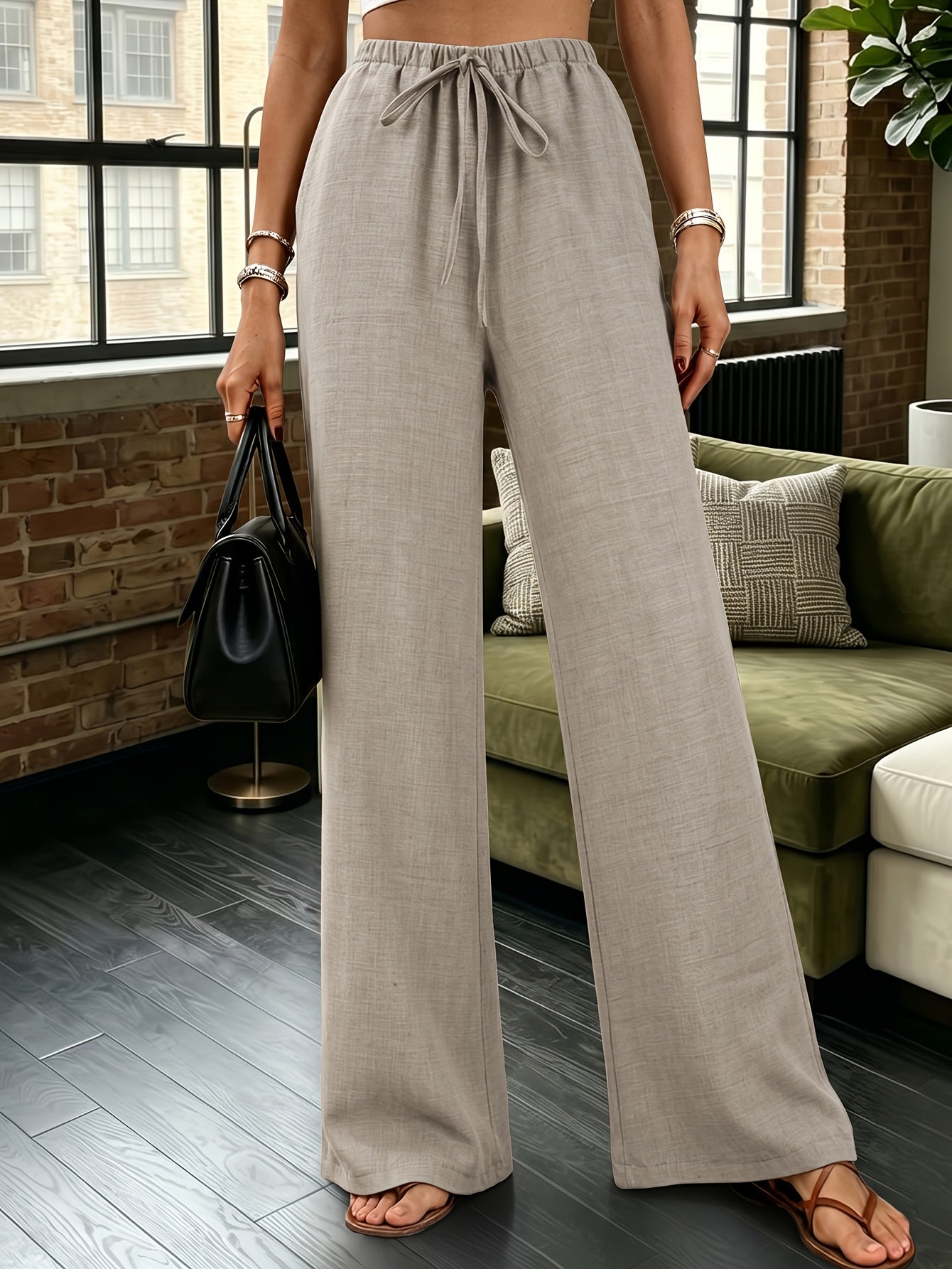 Women's Elegant Wide-Leg Tie-Leg Pants with Pockets
