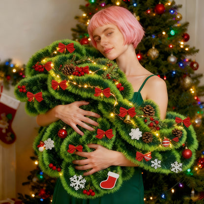 314.96-inch 40pcs Set with Red Bows - Premium Winter Dark Green Christmas Vine Spring Decoration | No Lights - Artificial Plastic Material Metallic Foil Faux Garland Plant | Suitable for Christmas, New Year, Thanksgiving Part