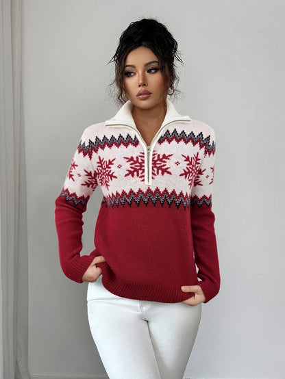 2025 Autumn/Winter New Holiday Snowflake Sweater for Women, Half-Zip High Neck, Zigzag Stripes, Comfortable Light Beige-Friendly Non-Irritating High-Quality Warm Fashion Holiday Top for Christmas, Black Friday, New Year