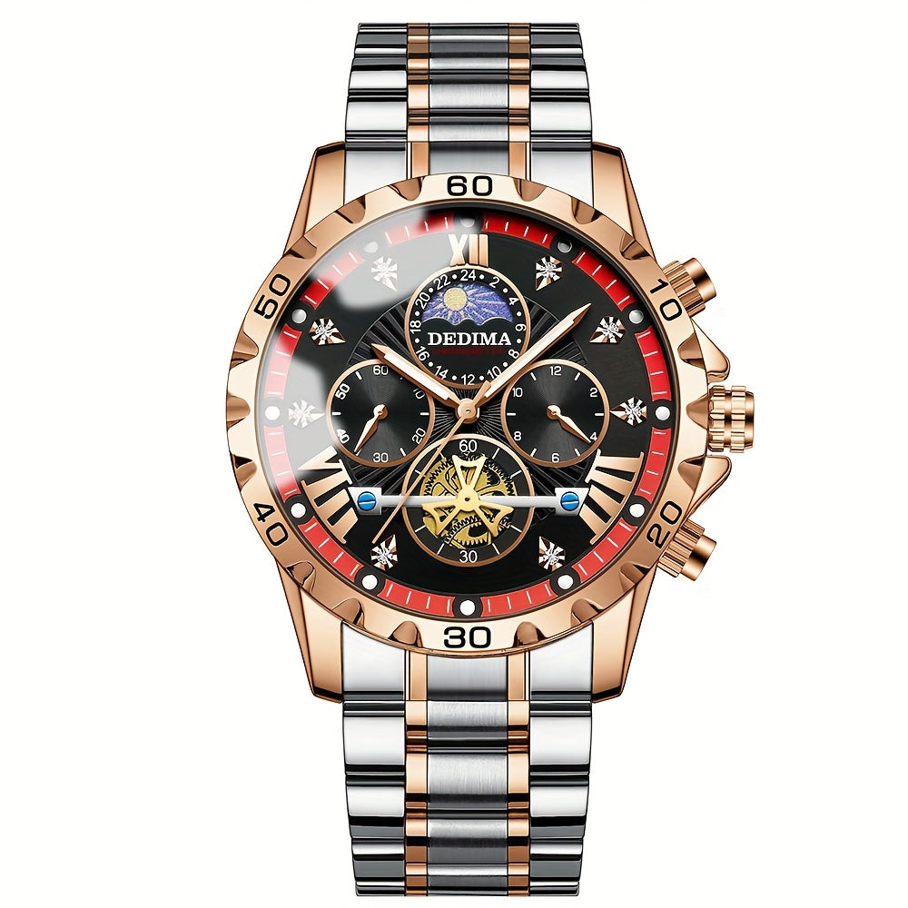 Elegant Men's Stainless Steel Sports Watch with Rhinestone Accents, 24-Hour/Calendar/Stopwatch Functions - Perfect for Halloween, Thanksgiving, Father's Day - ayq