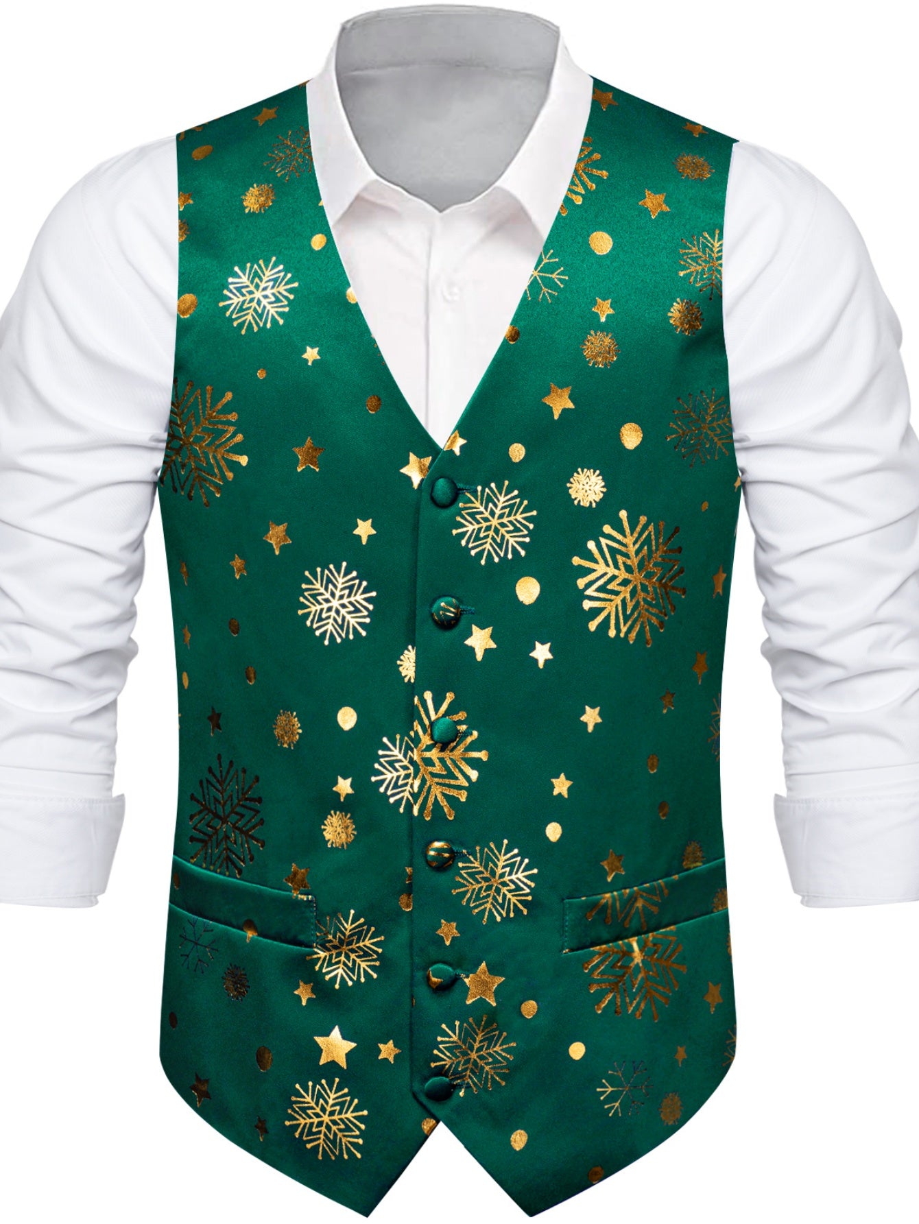 DOCAPEITON Men'S Christmas Vest - Formal & Casual Holiday Party Outfit with Button Front Closure, Non-Stretch Fabric - Green & Golden Snowflake, Tree, Firework Designs - Perfect for Xmas, New Year's, Weddings - Adult Men'S Fe