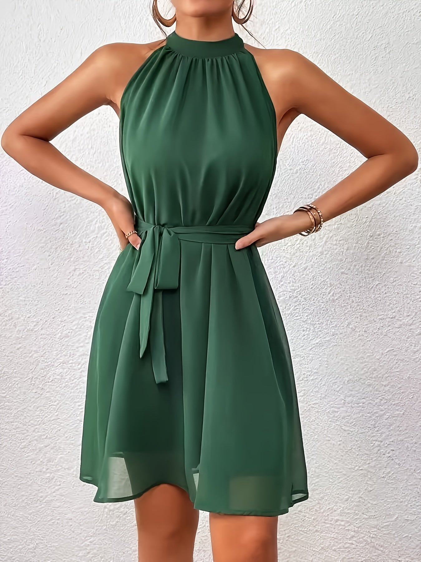 Women’s Solid Color Chiffon Halter Neck Summer Dress with Belt