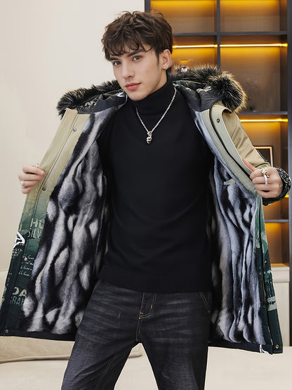 Men's Heavy-Duty Hooded Winter Jacket with Mountain Logo Back Print, Full-Zip Long Coat & Pockets - Large Hood for Extreme Cold, Machine Washable -Filled Outerwear (Casual/Climbing/Skiing) - Black, Winter Boots For Men, Men W