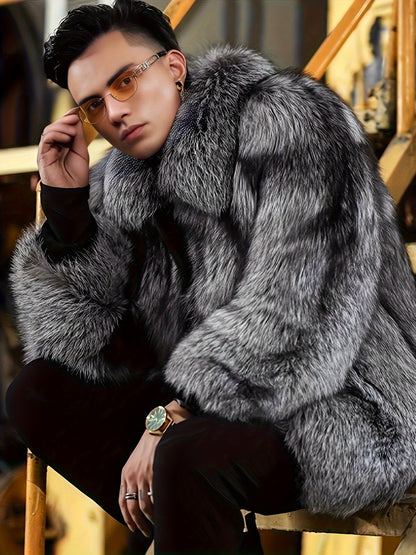 Men'S Faux Fur Coat with Imitation Fur Lining, Square Neck Zipper Short Winter Windproof Warm Loose Casual Jacket for Young Style