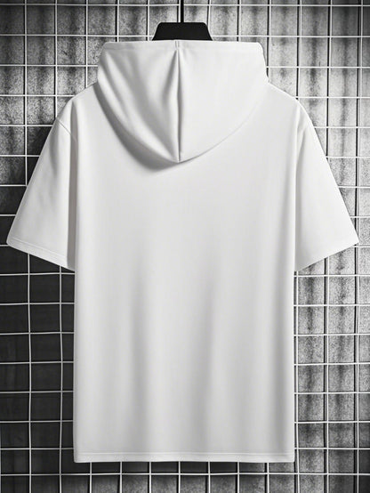 1pc Twisted Cool Men's Hooded Short Sleeve T-Shirt - Solid Black Casual Streetwear, Regular Fit, Hand Wash Only, Summer Essential for Everyday Comfort