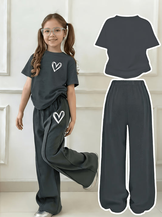 Girls 2-Piece Heart Print Knit Set with Pants for Spring to Fall