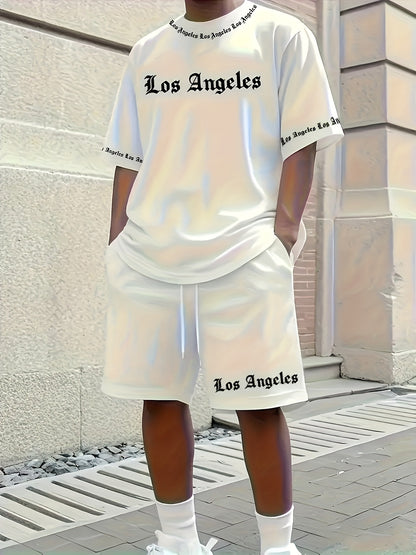 Los Angeles English Pattern Men's Short Sleeve Shirt + Casual Sport Set, Breathable Soft Summer Outfit with Pocketed Shirt and Drawstring Shorts