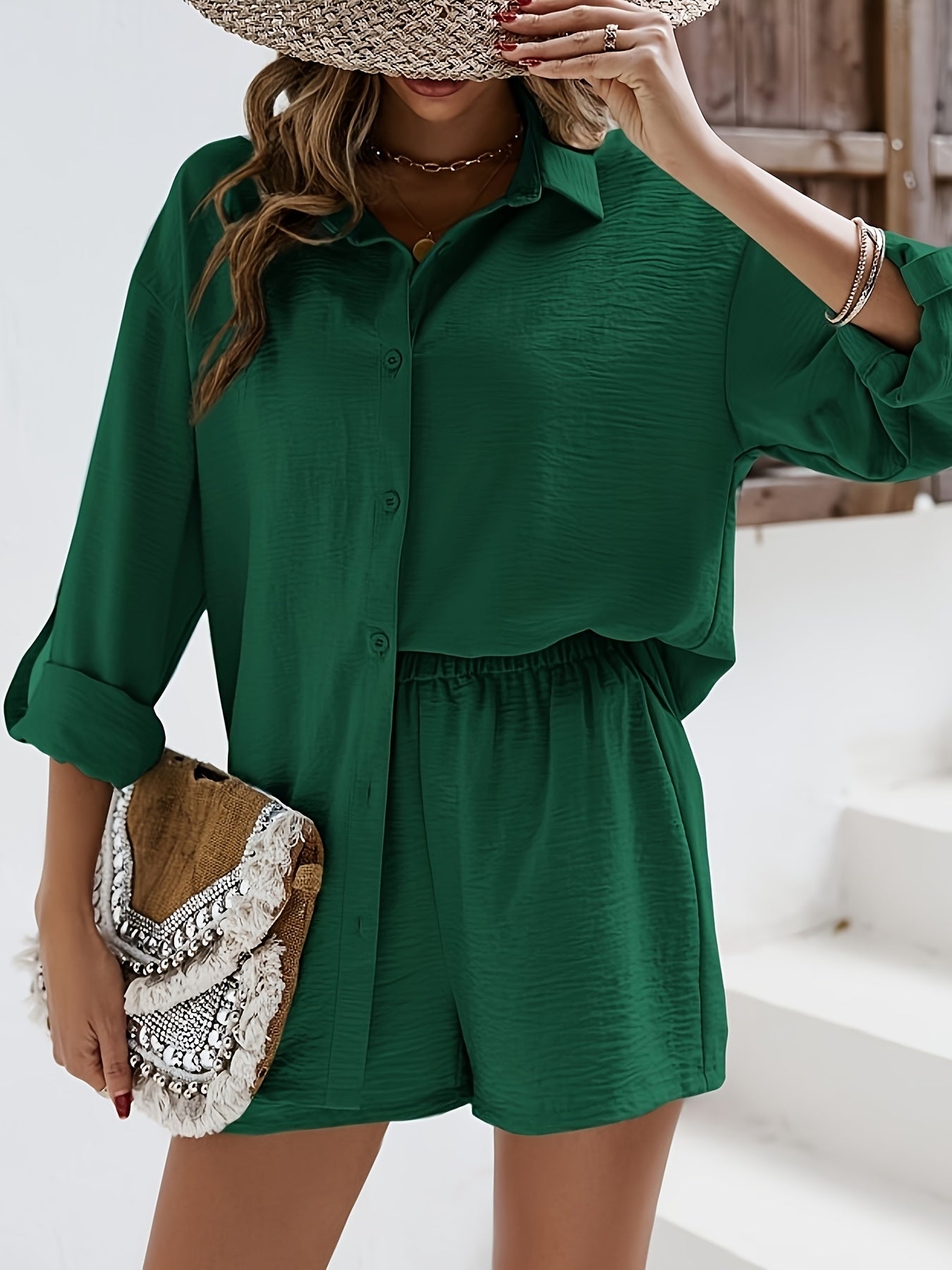 Women's Casual Summer Long Sleeve Shirt & Elastic Waist Shorts Set