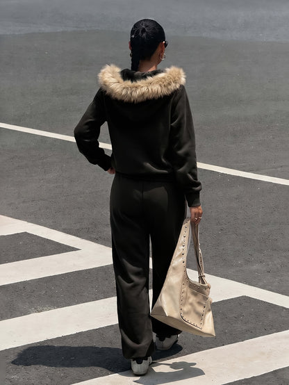 Women's Casual Polyester Hoodie & Wide-Leg Pants Set - ayq