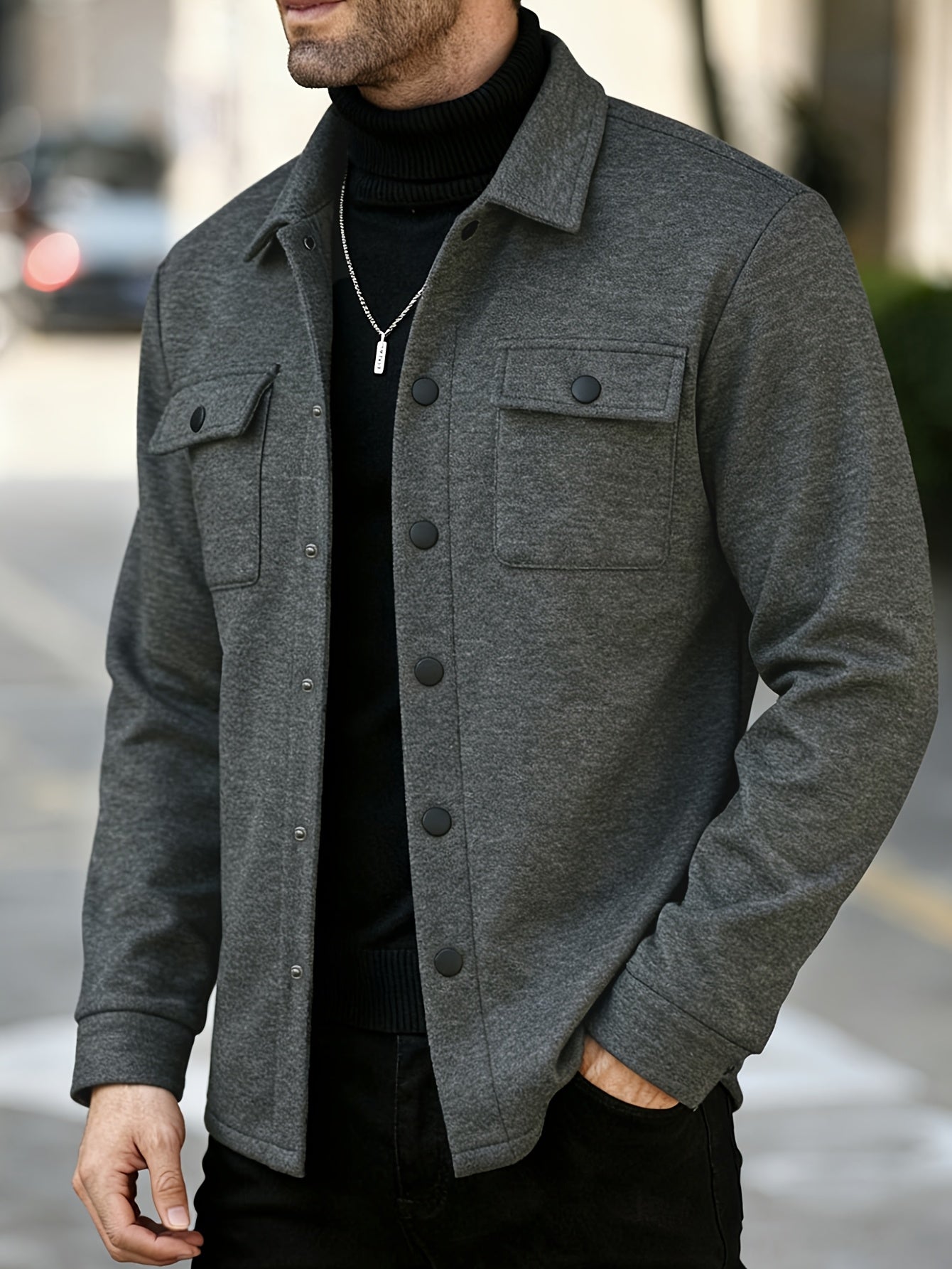 Men's Solid Color Lined Workwear Shirt Jacket with Snap Buttons