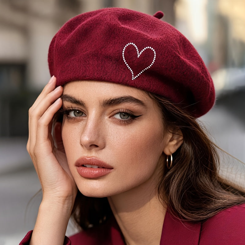 Women's Wool Beret Hat with Rhinestone Heart - Lightweight Warm