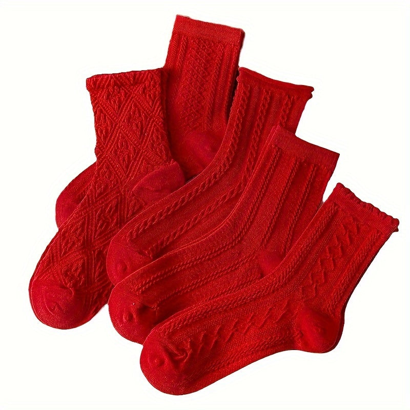 5 Pairs Women'S Red Socks with Intricate Embossed Patterns - Cozy Winter Socks for Fall & Winter, Soft & Durable, Solid Color Design, Perfect for Casual or Holiday Wear, Holiday Socks | Embossed Sock Design | Construction, Cu