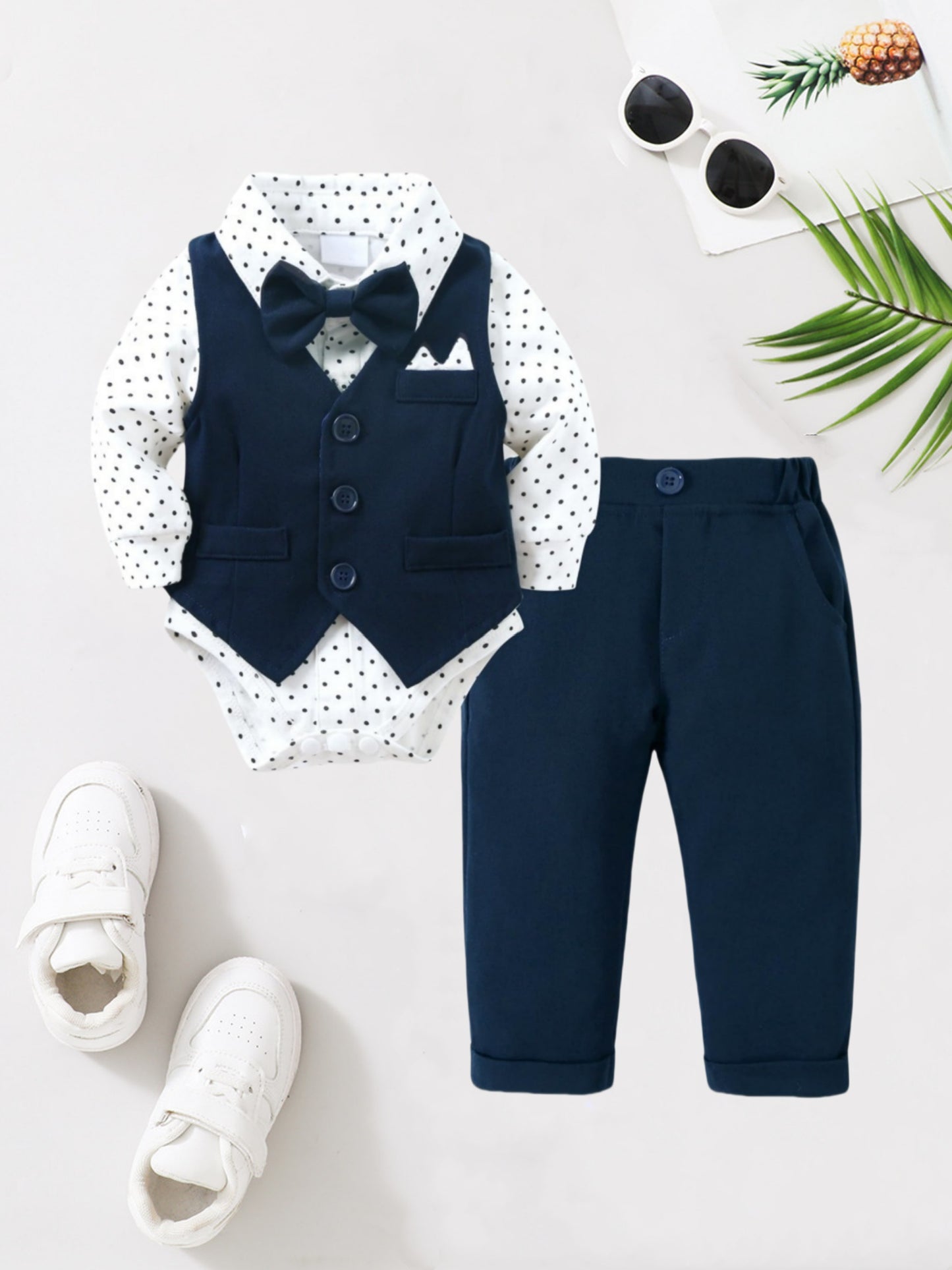 Boys' Cotton Tuxedo Bodysuit Set with Polka Dot Vest for Spring/Fall