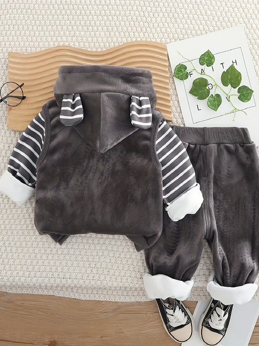 BABICOLOR 's Winter 3pcs Dog Print Hooded Jacket & Pants Set - Warm Loose-Fit Outfit, Winter Clothing for 1st Photoshoots, Casual Cold-Weather Outwear, Perfect for Outdoor