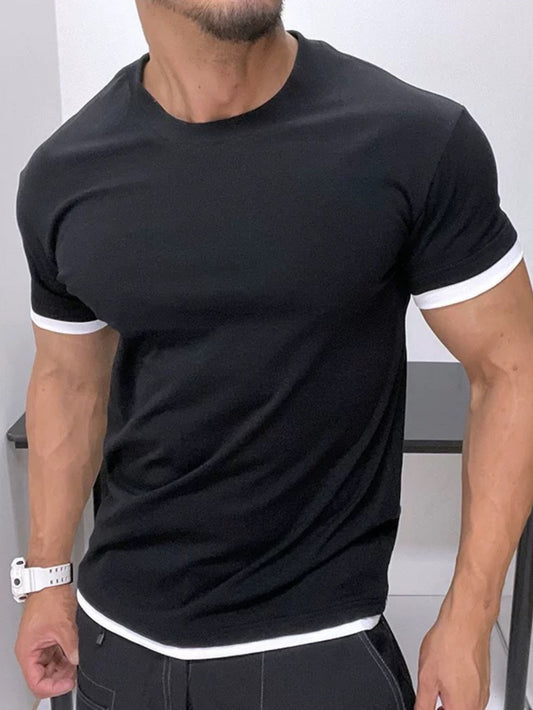 Men's Classic Summer Casual Short Sleeve T-Shirt - Black with White Trim, Round Neck, Stretch Fabric, Comfortable  Stylish for Casual Attire, Twiceiquest Fashion   Faux Twopiece   Smooth Texture