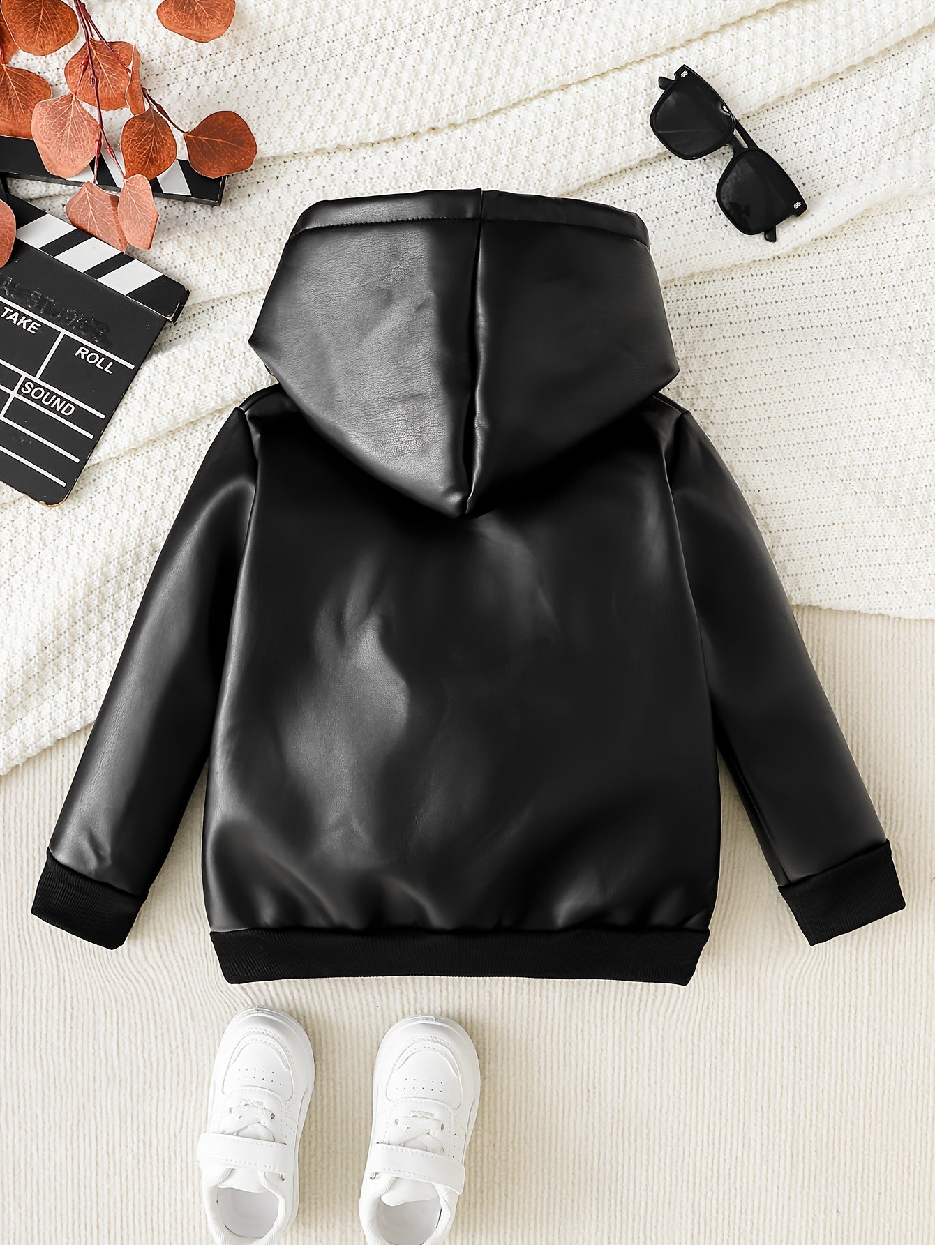 Boys' Fleece Lined PU Leather Jacket Warm Hooded Coat