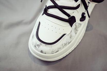 Women's White Mid-Top Sneakers with Bear  Heart Stripes Design - PU Cover  Upper, Thick Cushioned PVC Sole - Trendy Casual Shoes for All-Season Comfort