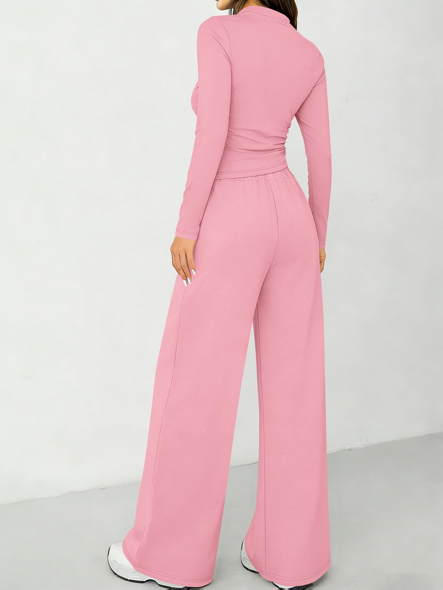 All-season Solid Color Long-sleeved Top and High-waisted Wide-leg Pants Casual Suit
