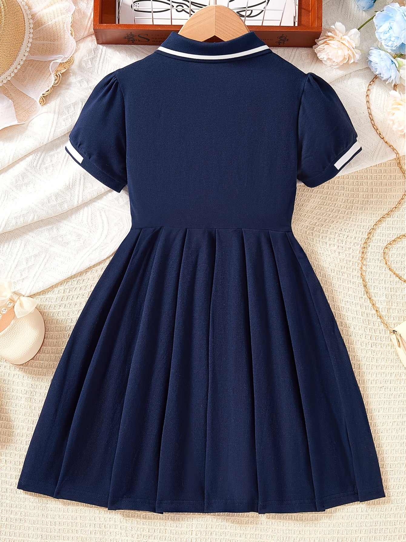 Girls' Summer Preppy Cotton Blend Pleated A-Line Dress