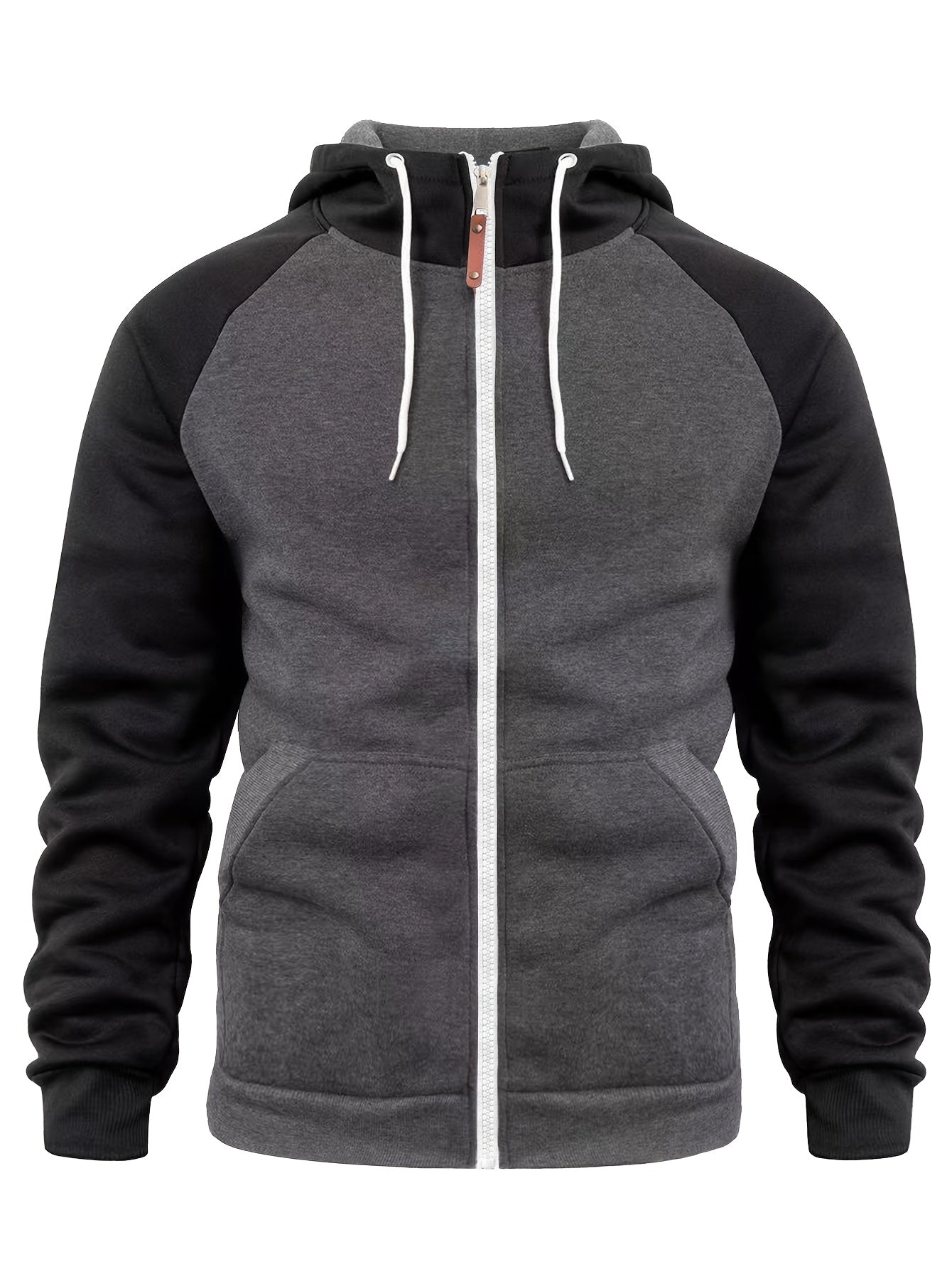 Men'S Stylish Color Block Hoodie - Casual Zip-Up Hooded Sweatshirt with Front Pockets, Long Sleeves, and Ribbed Cuffs - Maroon & Black Design, Comfortable for Fall and Winter Wear