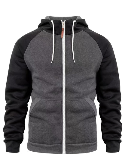 Men'S Stylish Color Block Hoodie - Casual Zip-Up Hooded Sweatshirt with Front Pockets, Long Sleeves, and Ribbed Cuffs - Maroon & Black Design, Comfortable for Fall and Winter Wear