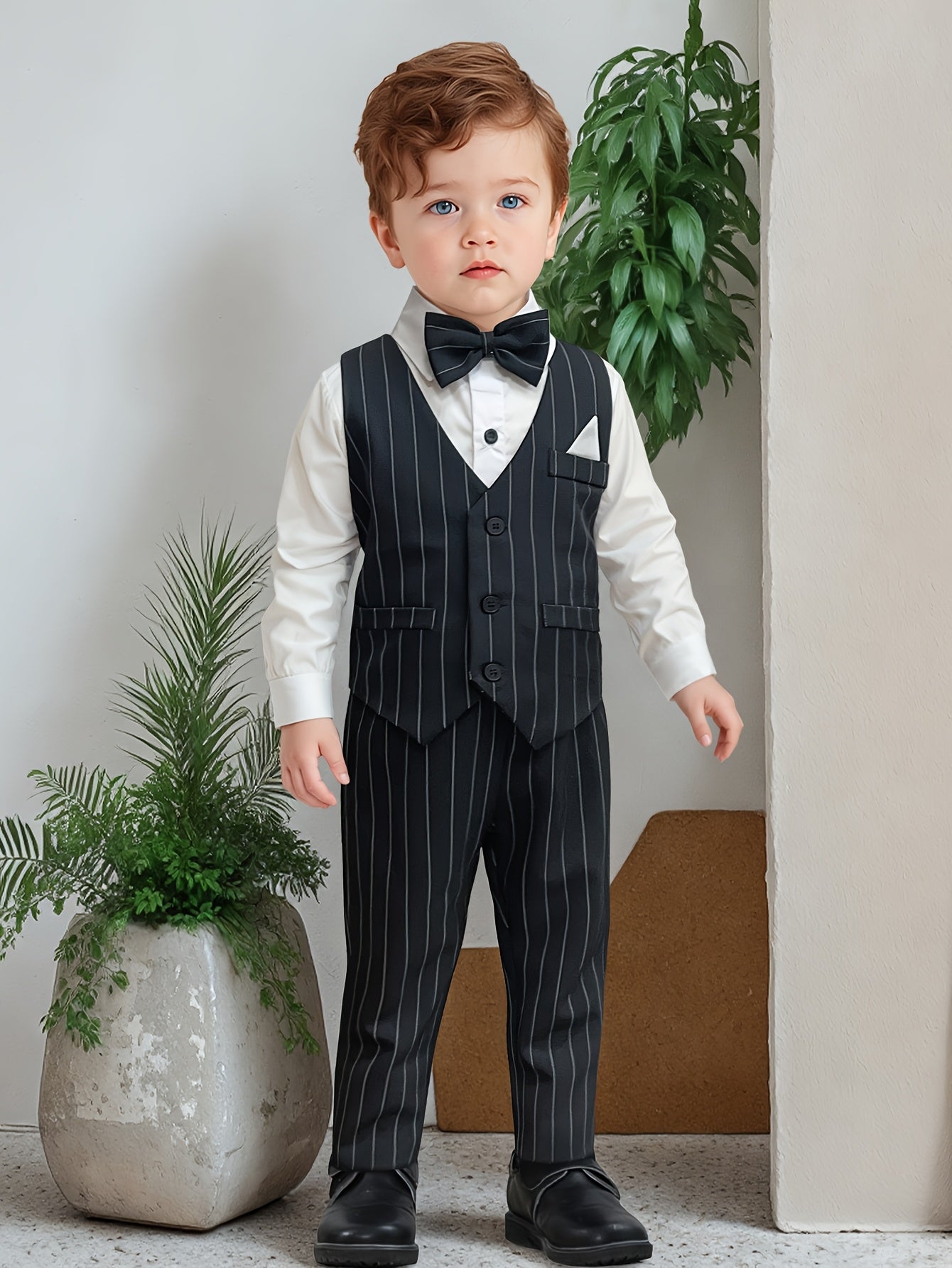 Boys' Striped Vest Suit with White Shirt and Trousers