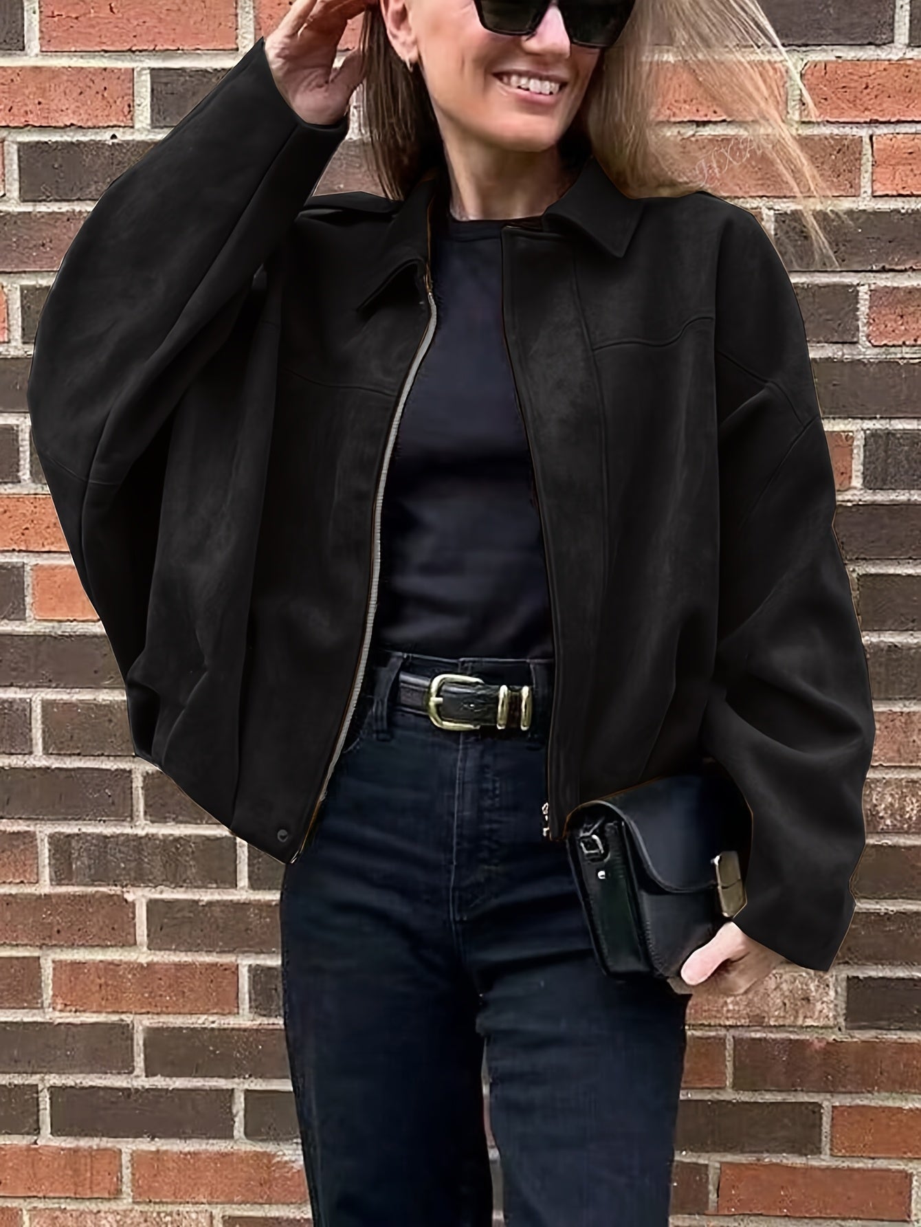 Women'S Vintage Bomber Jacket - Loose Fit Long Sleeve Zip-Up with Drop Shoulder Design, Brown Casual Outerwear for Fall/Winter, Non-Stretch Fabric, Perfect for Casual Attire, Autumn Winter Jacket | Vintage Bomber Style | Zipp