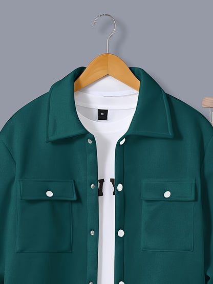 1set Men'S Casual Solid Color Polyester Outfit - Long Sleeve Button-Down Lapel Collar Jacket with Pockets and Drawstring Long Pants Set for Fall/Winter