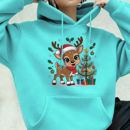 Women'S Christmas Hoodie - Thick Fleece-Lined Winter Sweatshirt with Deer & Snowflakes, Plaid Santa Hat Design, Cozy Casual Pullover for Holiday Party Outfits