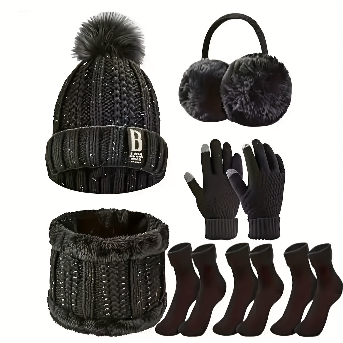 7pcs Winter Thermal Set - Heavy-Duty Cold Weather Outfit with Hat, Gloves, Plush Earmuffs, Thermal Socks - Full Set for Skiing, Snowboarding, Ice Skating, Winter Hiking - Burgundy/Black/White Color Options - Ideal Christmas G