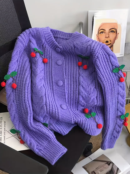 Women'S Purple Cable Cardigan with Cherry & Leaf Embellishments - Cozy Button-Up Sweater for Fall & Winter, Soft & Stylish Design, Perfect for Casual or Holiday Outfits, Winter Cardigan | Cable Cardigan | Buttoned Closure, Sw
