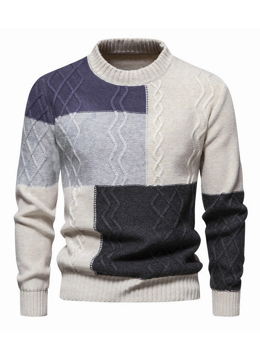 Color-Blocked Round-Neck Pullover Sweater for Men, Trendy Loose-Knit Top for Autumn And Winter for Young People