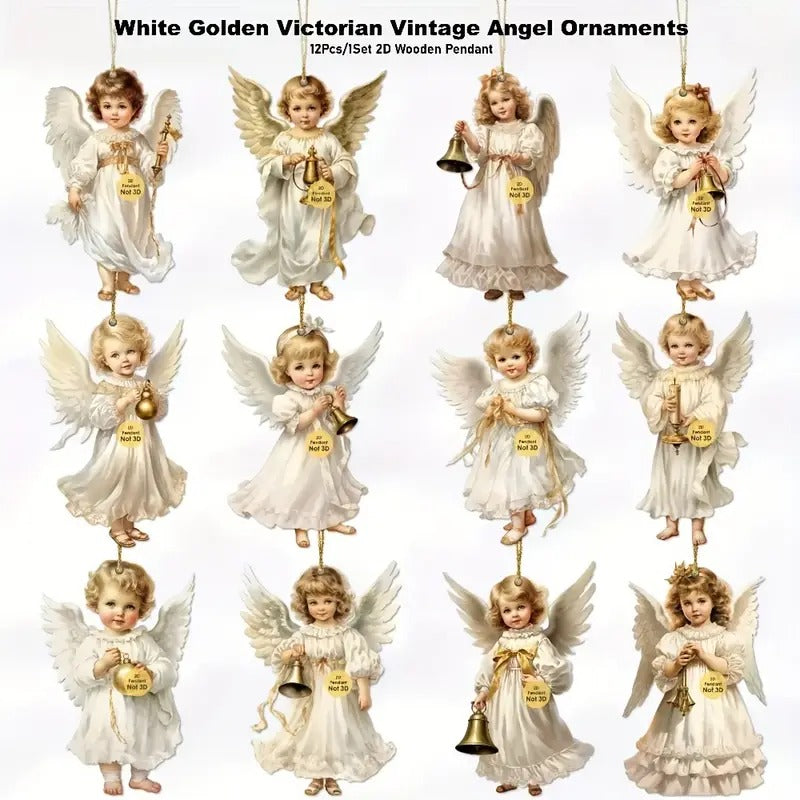 12pcs/24pcs Victorian Style Angel Ornaments - Serene White Angels with Golden Bells and Ribbons, Perfect for Home, Window, Fireplace, and Party Decorations, Festive Spring and Country Style, Ideal Celebration and Party Gift,