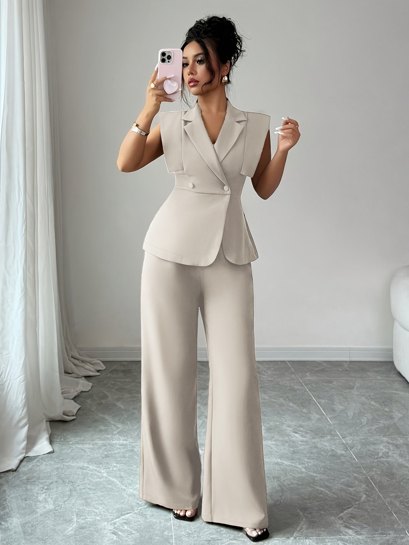 Elegant Women's Casual Set, Including a Sleeveless Top and Elastic Waist Pants, Suitable for Work, Vacation, Afternoon Tea, Parties, and Spring/summer Wear