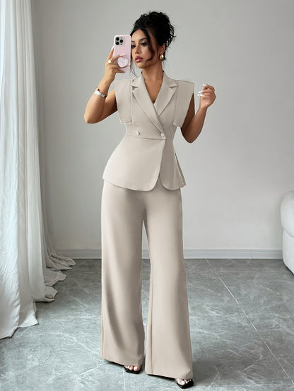 Elegant Women's Casual Set, Including a Sleeveless Top and Elastic Waist Pants, Suitable for Work, Vacation, Afternoon Tea, Parties, and Spring/summer Wear