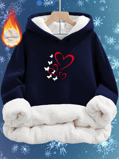 Women'S Cozy Fleece-Lined Hoodie with Heart & Butterfly Print - Long Sleeve, Warm Pullover for Fall & Winter, Machine Washable, Soft, Casual Outdoor Wear, & Camping, All-Season Comfort, Casual Winter Wear | Cozy Hoodie | Soft