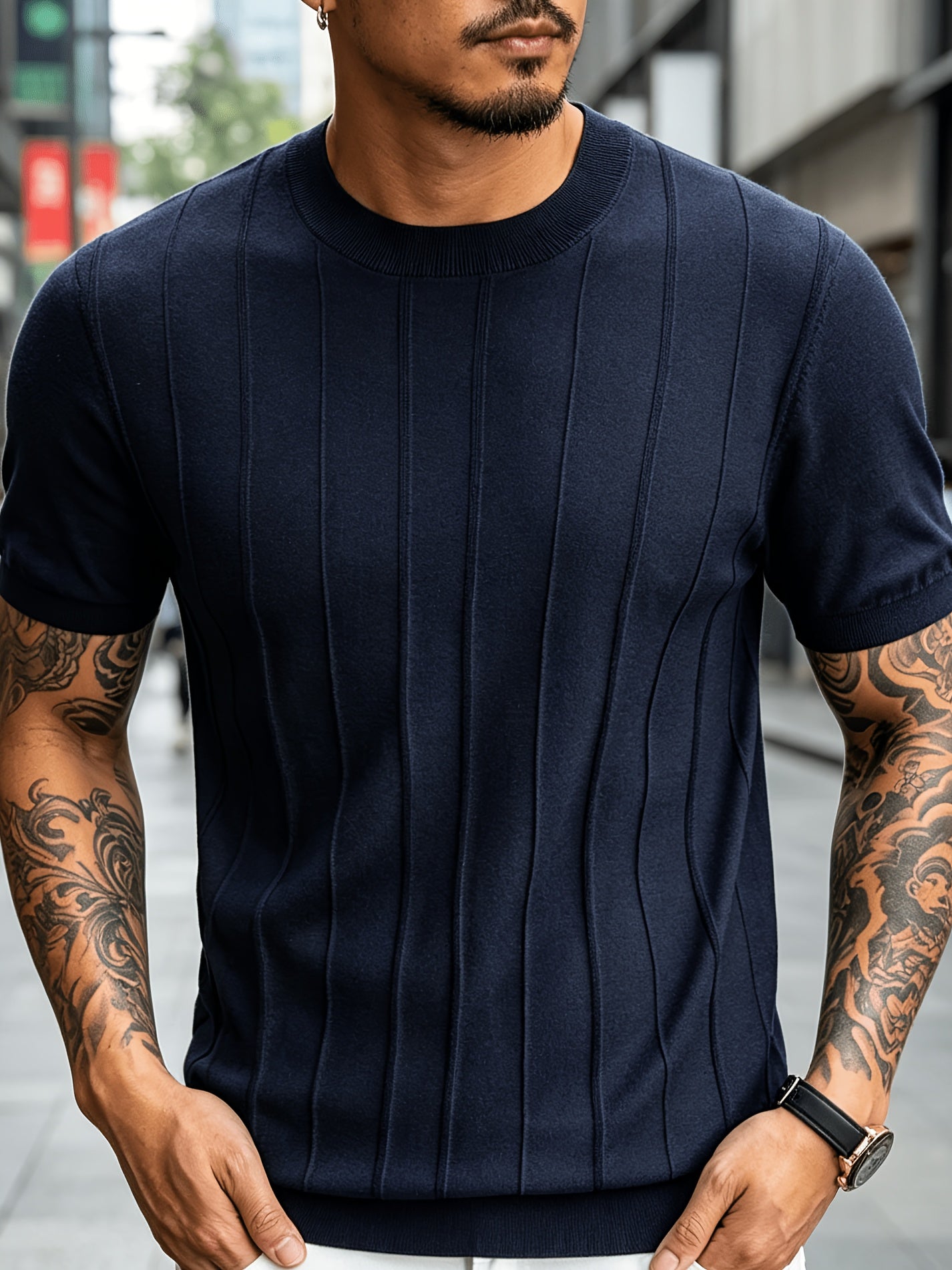 Men's Summer Slim Fit Rib Knit Crew Neck Short Sleeve Top