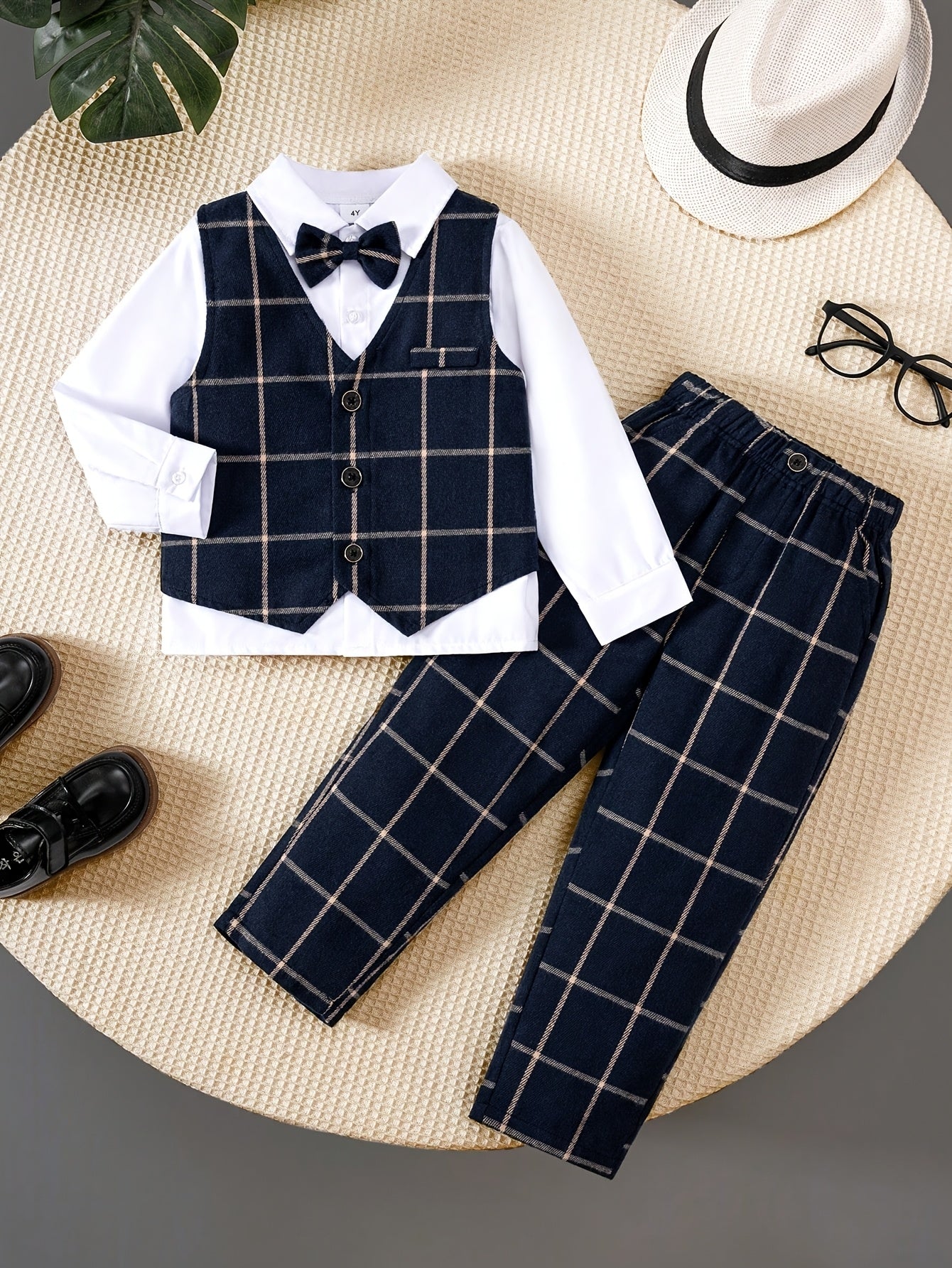 Toddler Boys 3-Piece Gentleman Set Navy Plaid Vest & Trousers