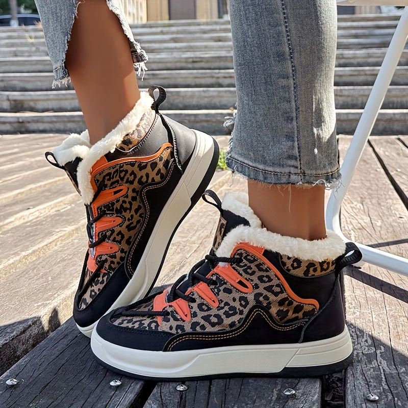 Women'S Stylish Leopard Print Winter Sneakers - Warm Fleece-Lined Casual Shoes with Thick PVC Sole, Black & Orange Design, Perfect for Fall/Winter Outdoor Activities, Winter Sneakers | Leopard Print Shoes | Durable PVC Sole