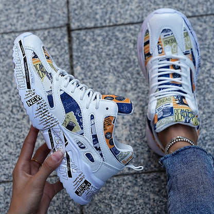 Men'S  Women'S Graffiti Couple Sneakers, All-Season Lightweight Cushioned Running Shoes, Stability Pronation, Cartoon Pattern, MD Sole, EVA Insole, Polyurethane Upper, Fabric Lining