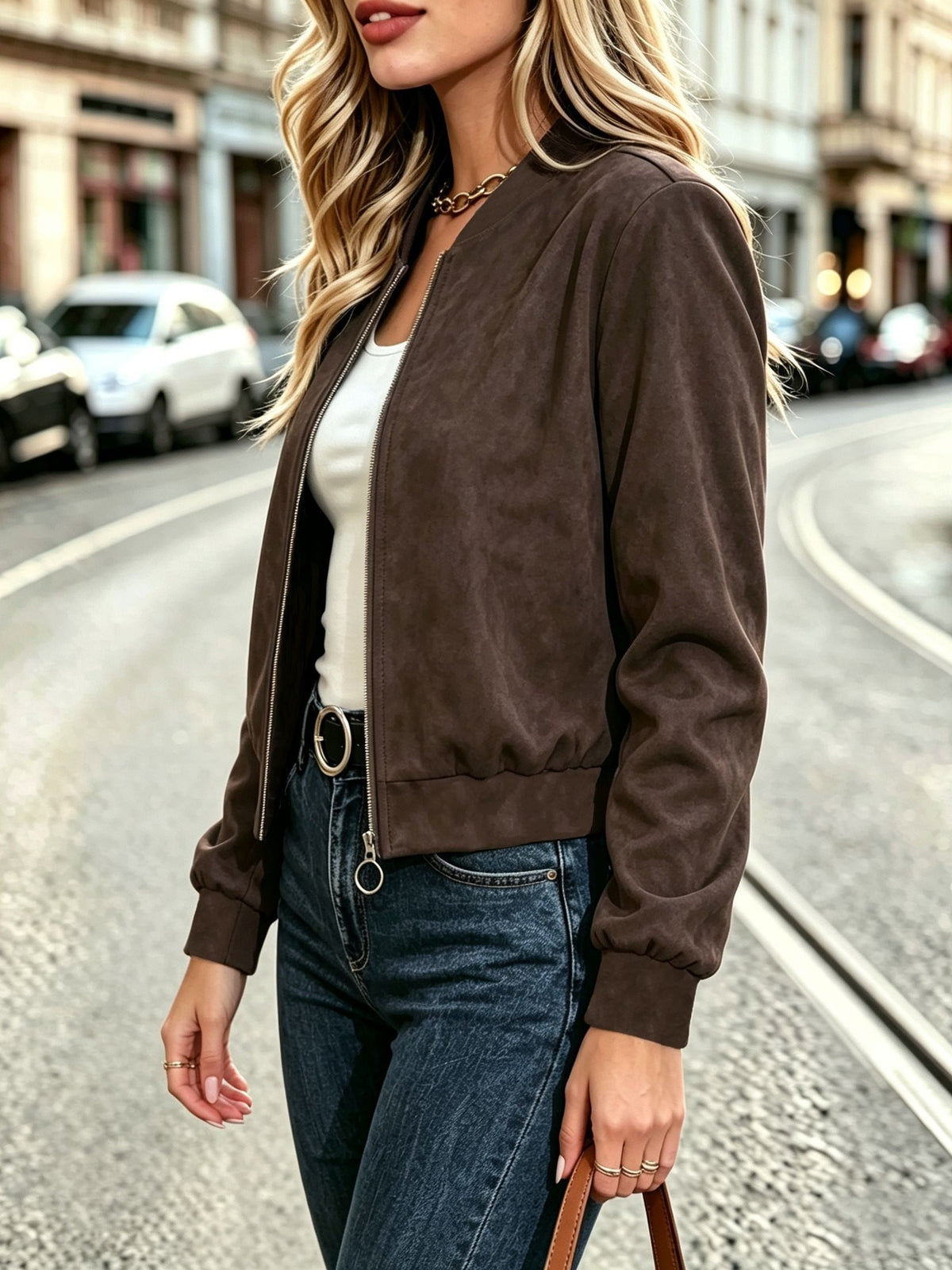 Elegant Casual Suede Texture Long Sleeve Jacket for Fall