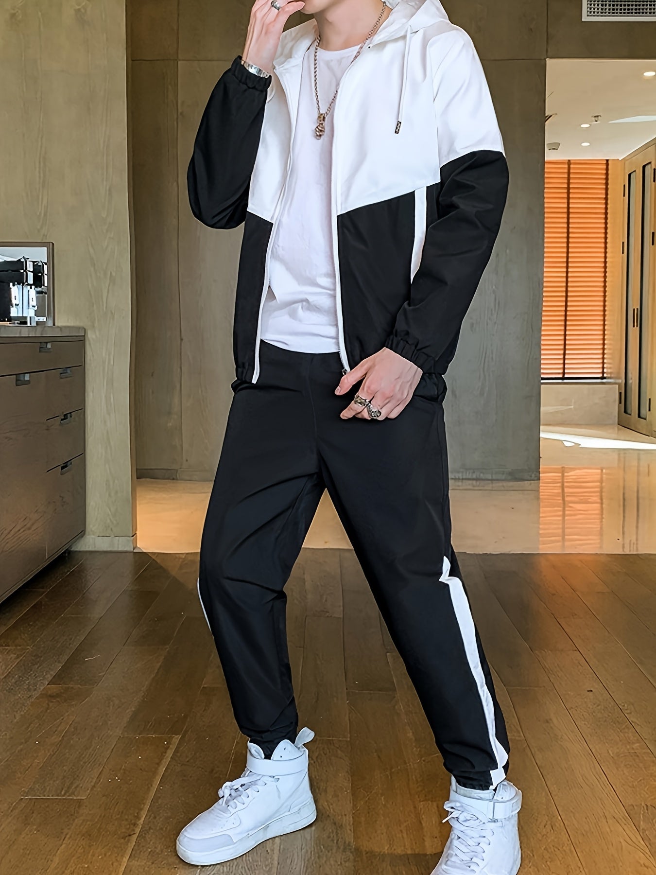 Men'S Casual Color Block Hoodie and Jogger Set, Long Sleeve, Regular Fit with Pockets, Suitable for Autumn and Winter
