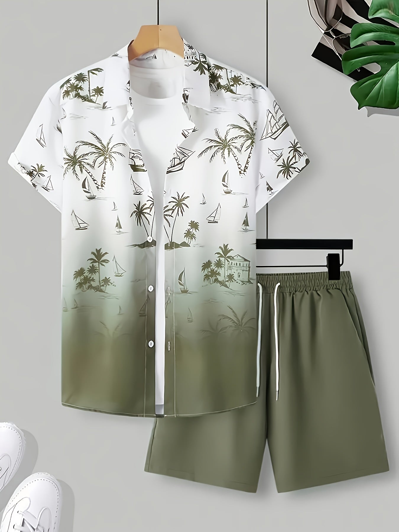 Men's 3D Printed Lapel Casual Shirt and Shorts Set
