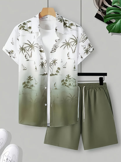 Men's 3D Printed Lapel Casual Shirt and Shorts Set