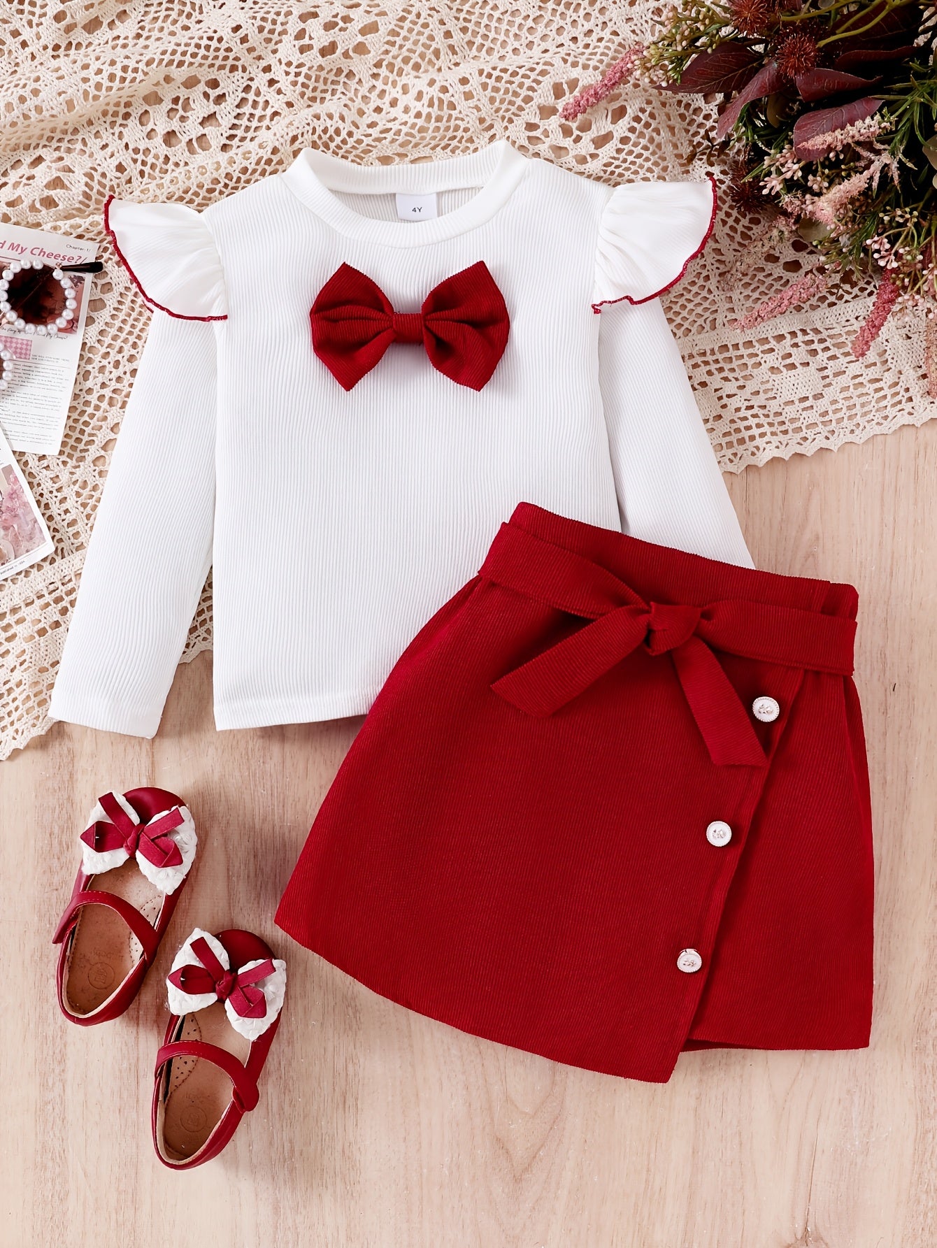 3pcs Girls' Set with 3D Bow Long Sleeve Top, Red Skirt, and Belt for Autumn