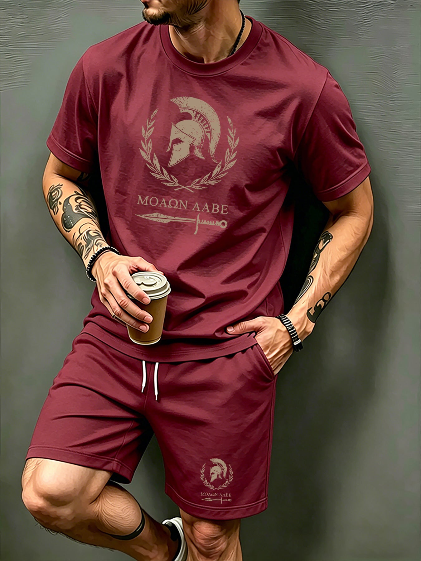 Men's Summer Short Sleeve T-Shirt and Shorts Set with Spartan Helmet P