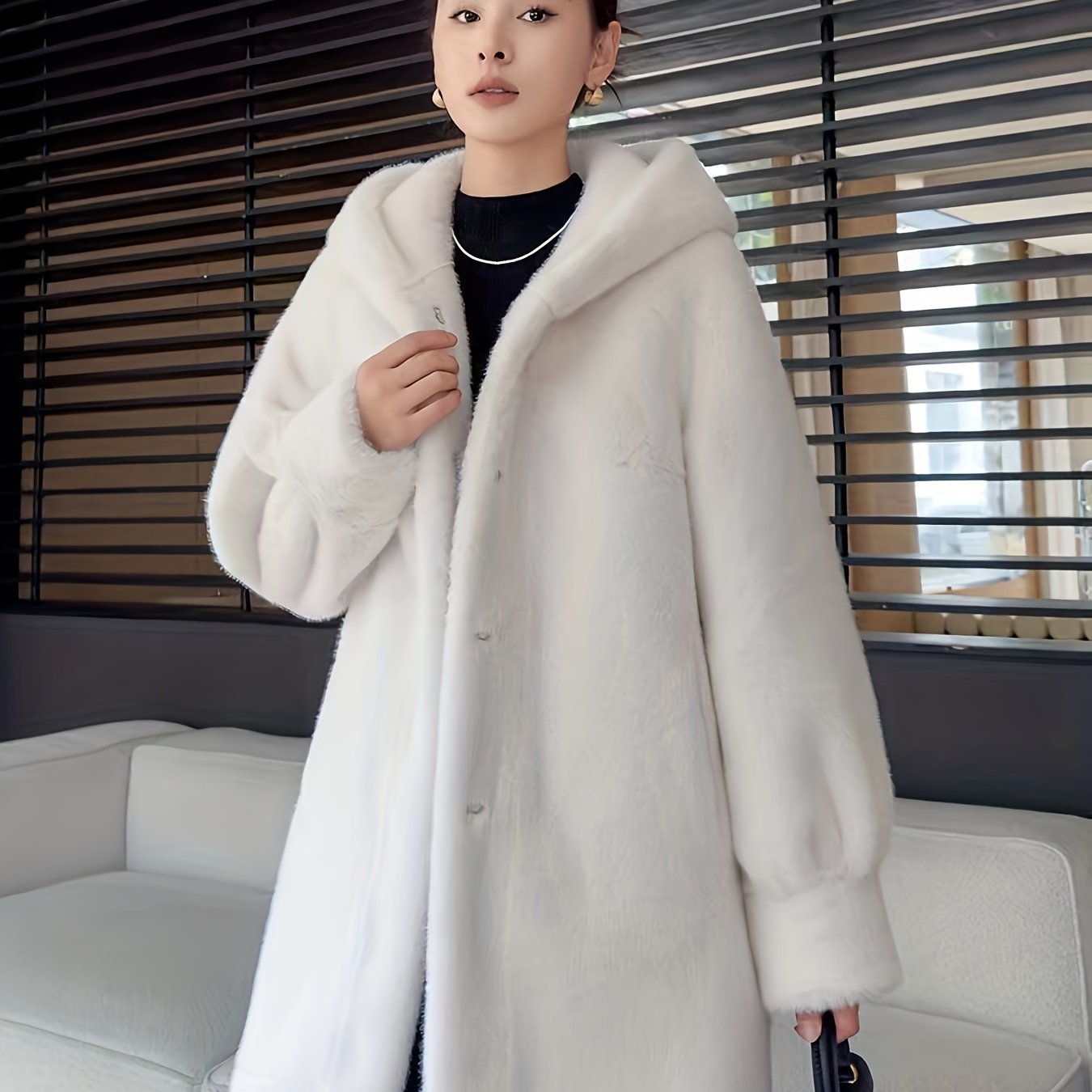 Women's Oversized Faux Fur Coat with Plush Collar & Full-Length Fur Trim - Winter Warm A-Line Mid-Length Jacket, Machine Washable Large Size Winter Coat for Women, Elegant Outerwear for Casual & Formal Events (Solid Black, Br
